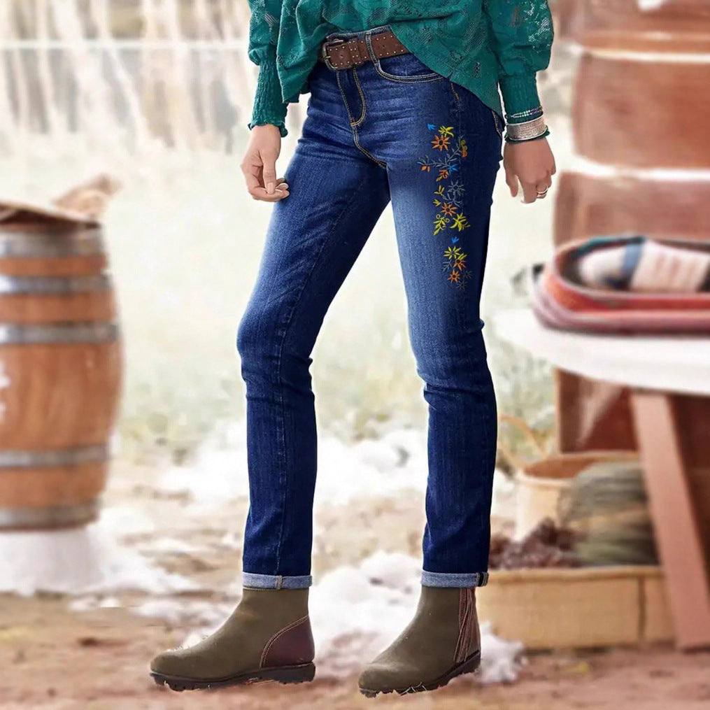 Women High-Waisted Skinny Jeans with Side Flower Embroidery Fashion Glam