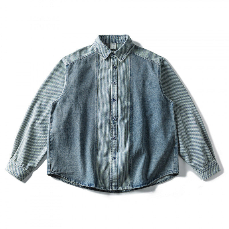 Unisex Wide Two-Tone Denim Shirt with Stripe Mix and Boxy Oversized Cut Fashion Glam