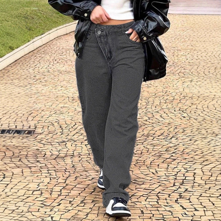 Women high-waisted loose-fitting jeans with wide legs and asymmetrical button placket Fashion Glam