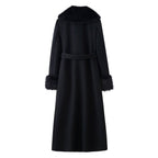 Women Longer Elegant Wool Blend Coat with Wide Faux Fur Collar, Belt and Fur Cuffs Fashion Glam