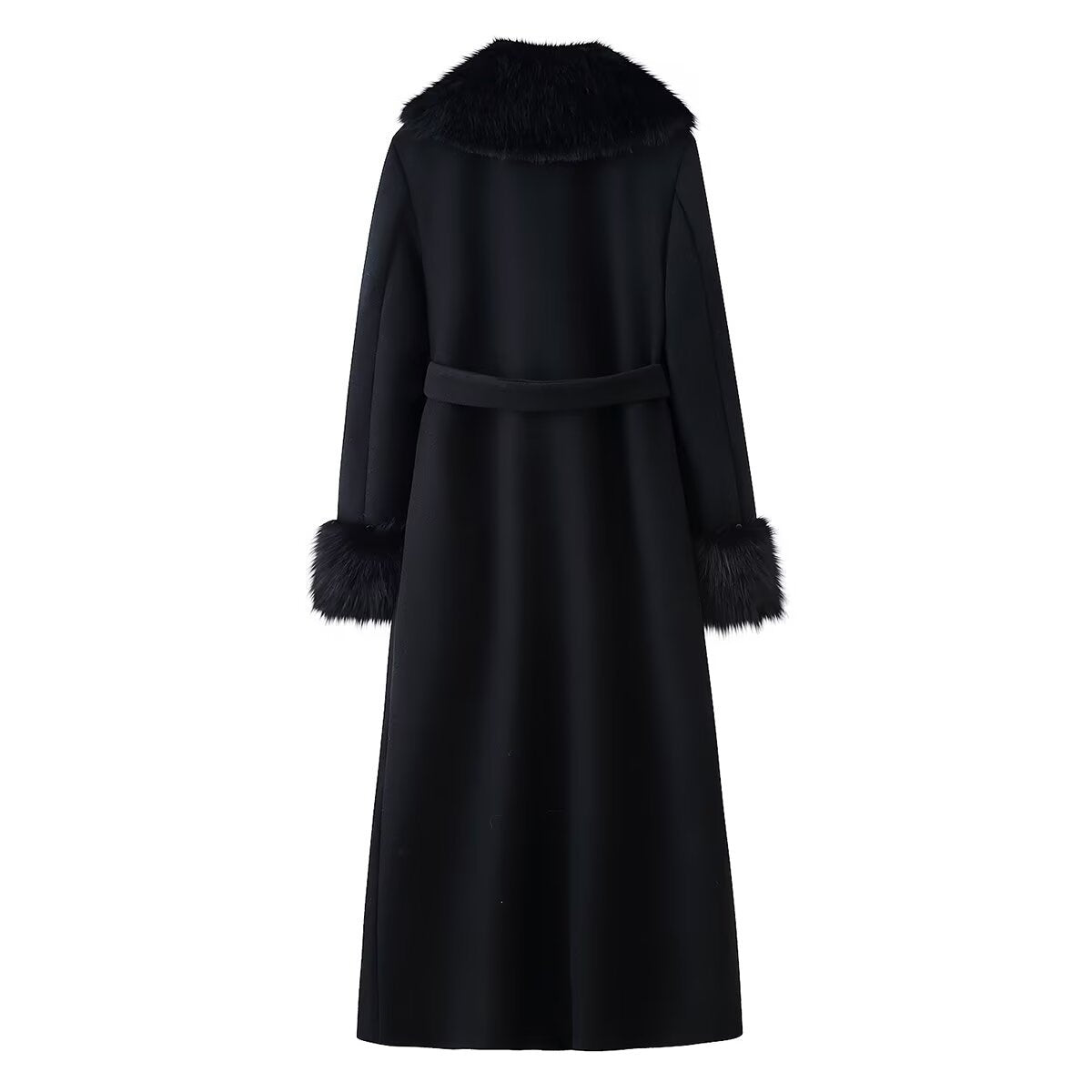 Women Longer Elegant Wool Blend Coat with Wide Faux Fur Collar, Belt and Fur Cuffs Fashion Glam