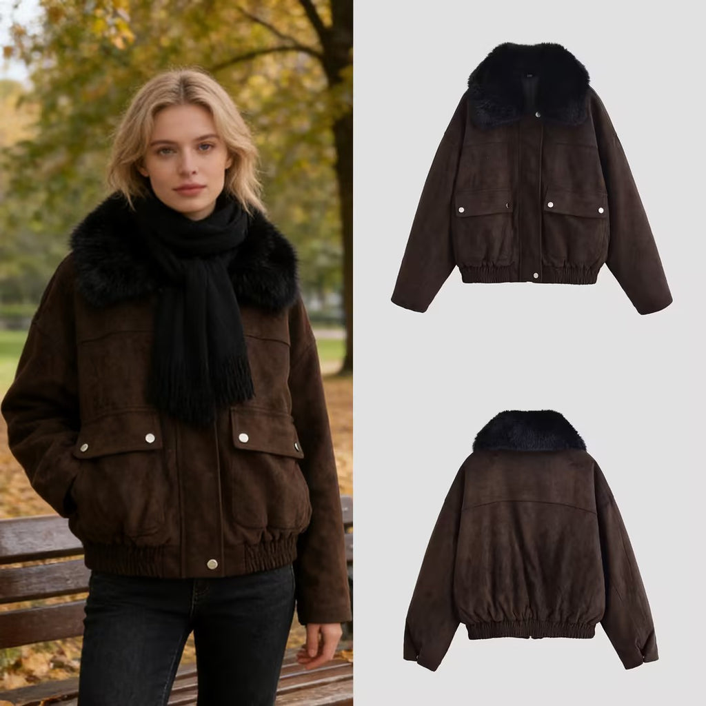 Women's Oversized Aviator Jacket made of Suede Leather Imitation with Large Faux Fur Collar Fashion Glam