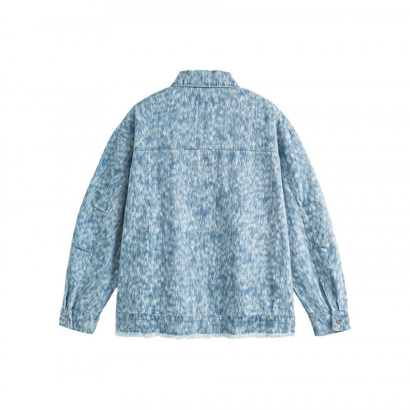Unisex Boxy Jeans Jacket with Frayed Hem and Textured Wash Fashion Glam