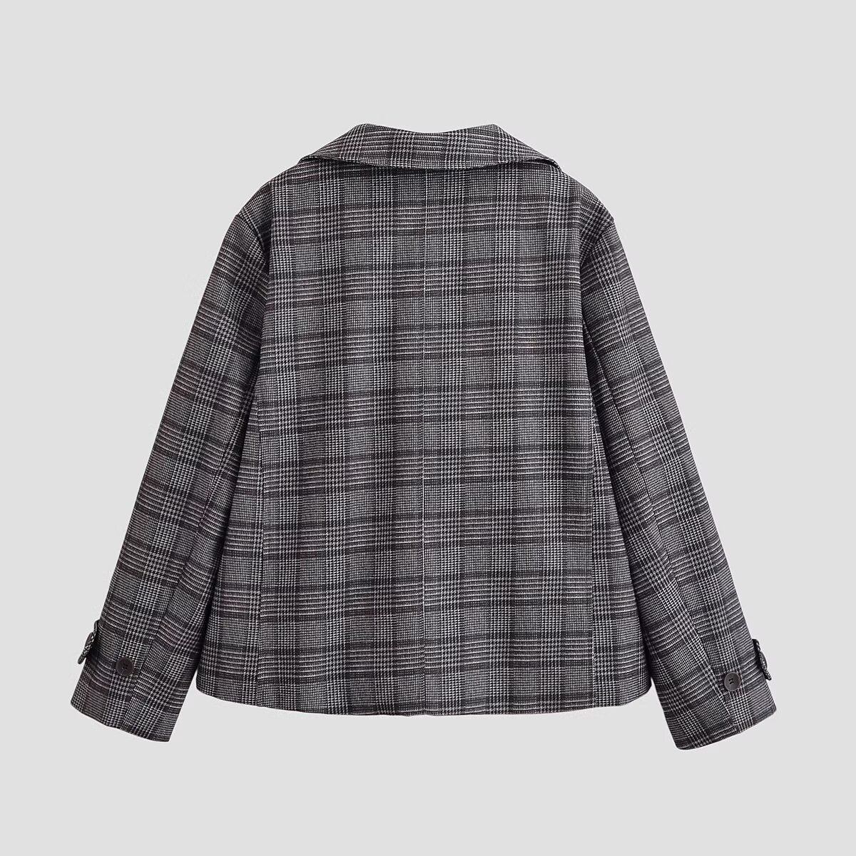Women's Cropped Double-Breasted Blazer in Glen Check with Oversized Lapels and Turn-Up Sleeves Fashion Glam