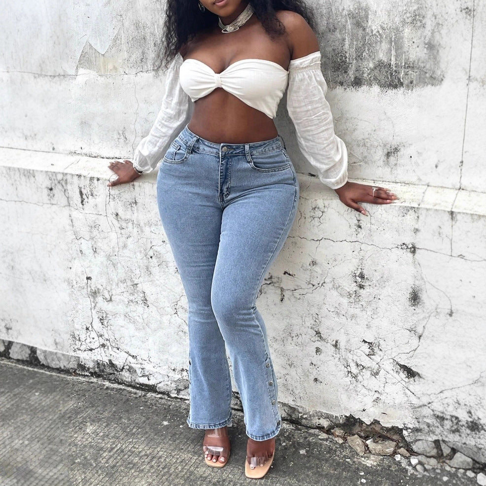 Women High-Waist Stretch Jeans with light flare and side snap button details Fashion Glam