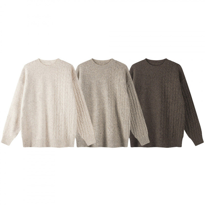 Unisex Oversize Fine-knit sweater with cable pattern detail and round neckline Fashion Glam