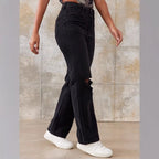 Ladies High-Waist Straight Jeans with wide leg, knee rip and textured denim look Fashion Glam