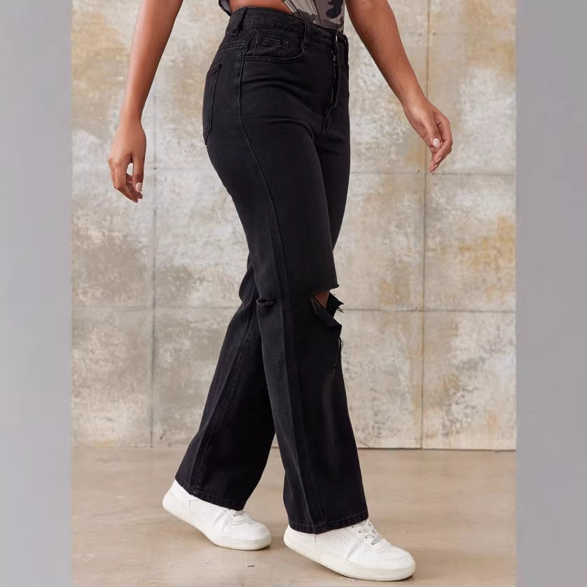 Ladies High-Waist Straight Jeans with wide leg, knee rip and textured denim look Fashion Glam