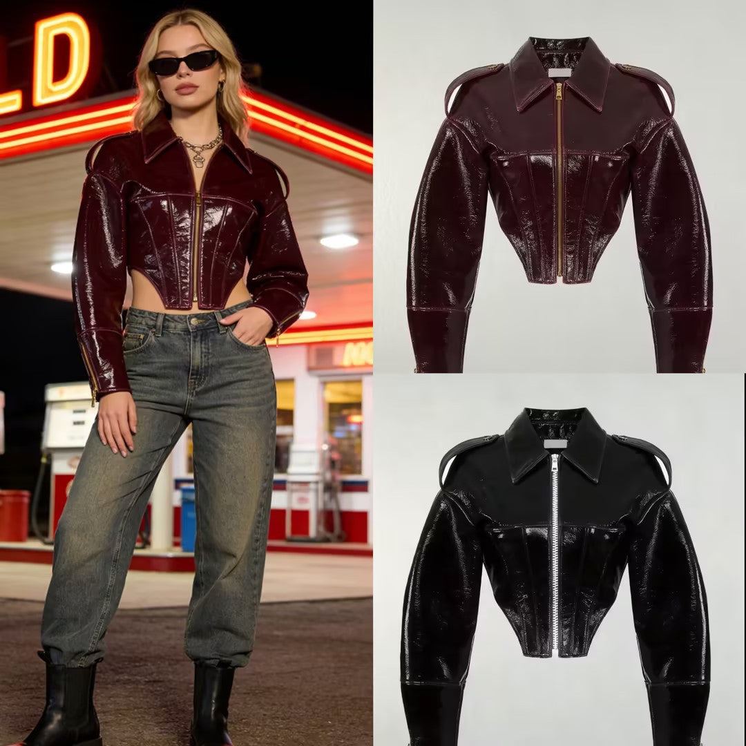women's short-cut faux patent leather blouson with tailored corset cut Fashion Glam
