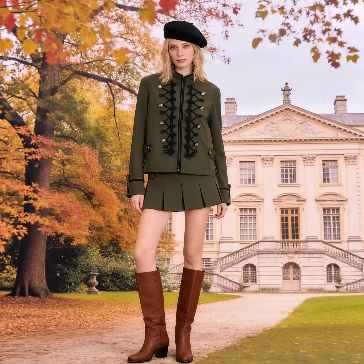 Women’s short military-style jacket with decorative cords and stand-up collar Fashion Glam