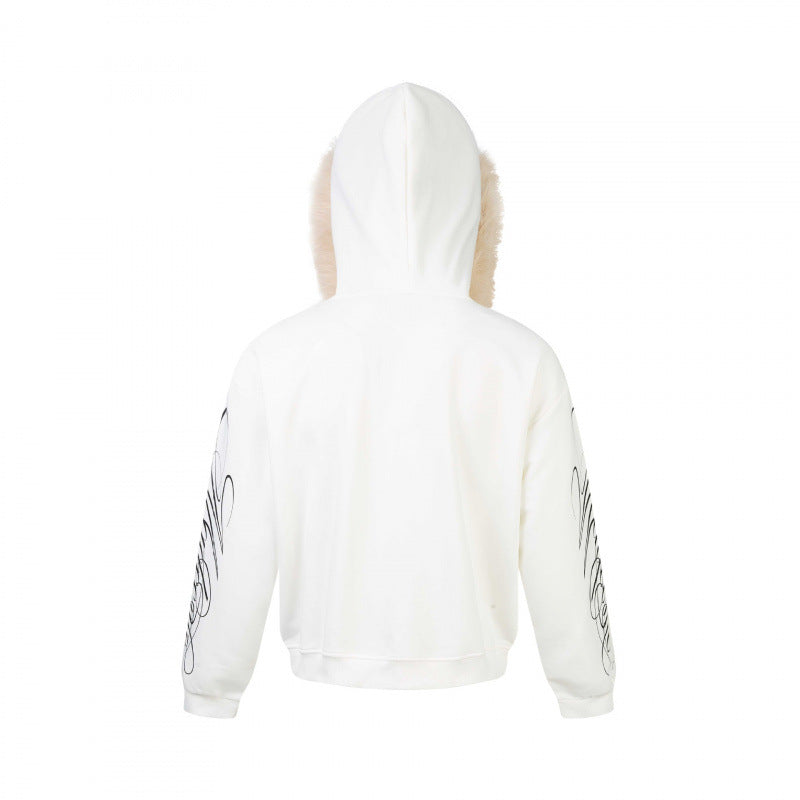 Unisex Oversize hoodie jacket with faux fur trim, zipper and graphic sleeves Fashion Glam
