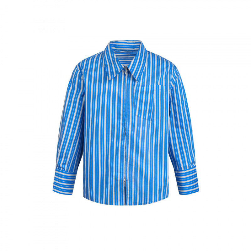 Women's Striped Oversized Blouse Shirt with Concealed Zipper and Chest Pocket Fashion Glam