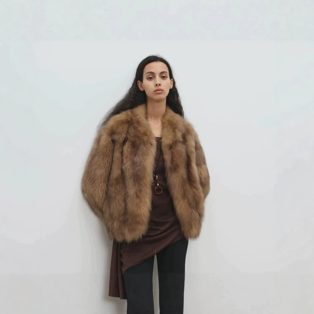 Women’s short coat made of high-pile faux fur with a tailored boxy cut and voluminous shawl collar Fashion Glam