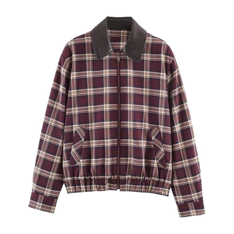 Women's Checked Blouson Jacket with Contrasting Leather Collar and Elastic Hem Fashion Glam