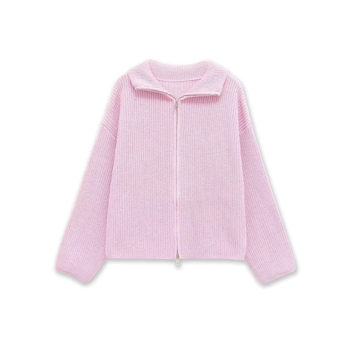 Women's Chunky Knit Zip Cardigan with Stand-up Collar and Oversized Silhouette Fashion Glam
