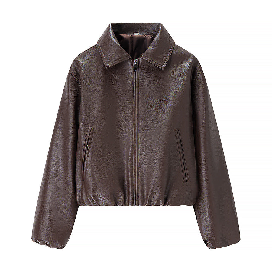 Women's Cropped Faux Leather Blouson with Shirt Collar, Elastic Hem and Zipper Fashion Glam