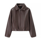 Women's Cropped Faux Leather Blouson with Shirt Collar, Elastic Hem and Zipper Fashion Glam