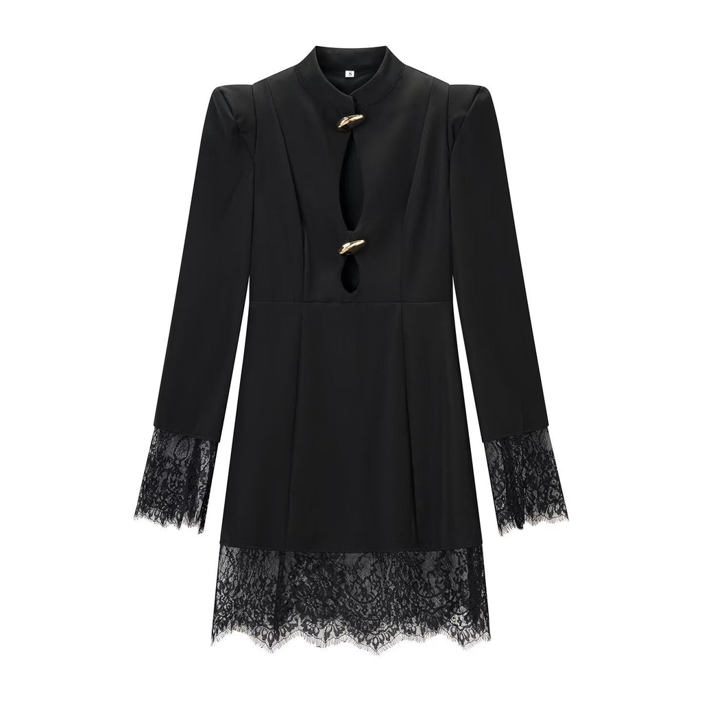 Women's dress with stand-up collar, cut-out front, decorative buttons and lace trim Fashion Glam