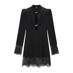 Women's dress with stand-up collar, cut-out front, decorative buttons and lace trim Fashion Glam
