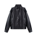 Women's Oversize Leather Jacket with Cut-Out Shoulder, Stand Collar and Structured Seams Fashion Glam