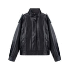 Women's Oversize Leather Jacket with Cut-Out Shoulder, Stand Collar and Structured Seams Fashion Glam