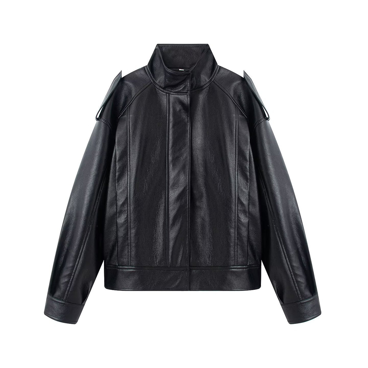Women's Oversize Leather Jacket with Cut-Out Shoulder, Stand Collar and Structured Seams Fashion Glam