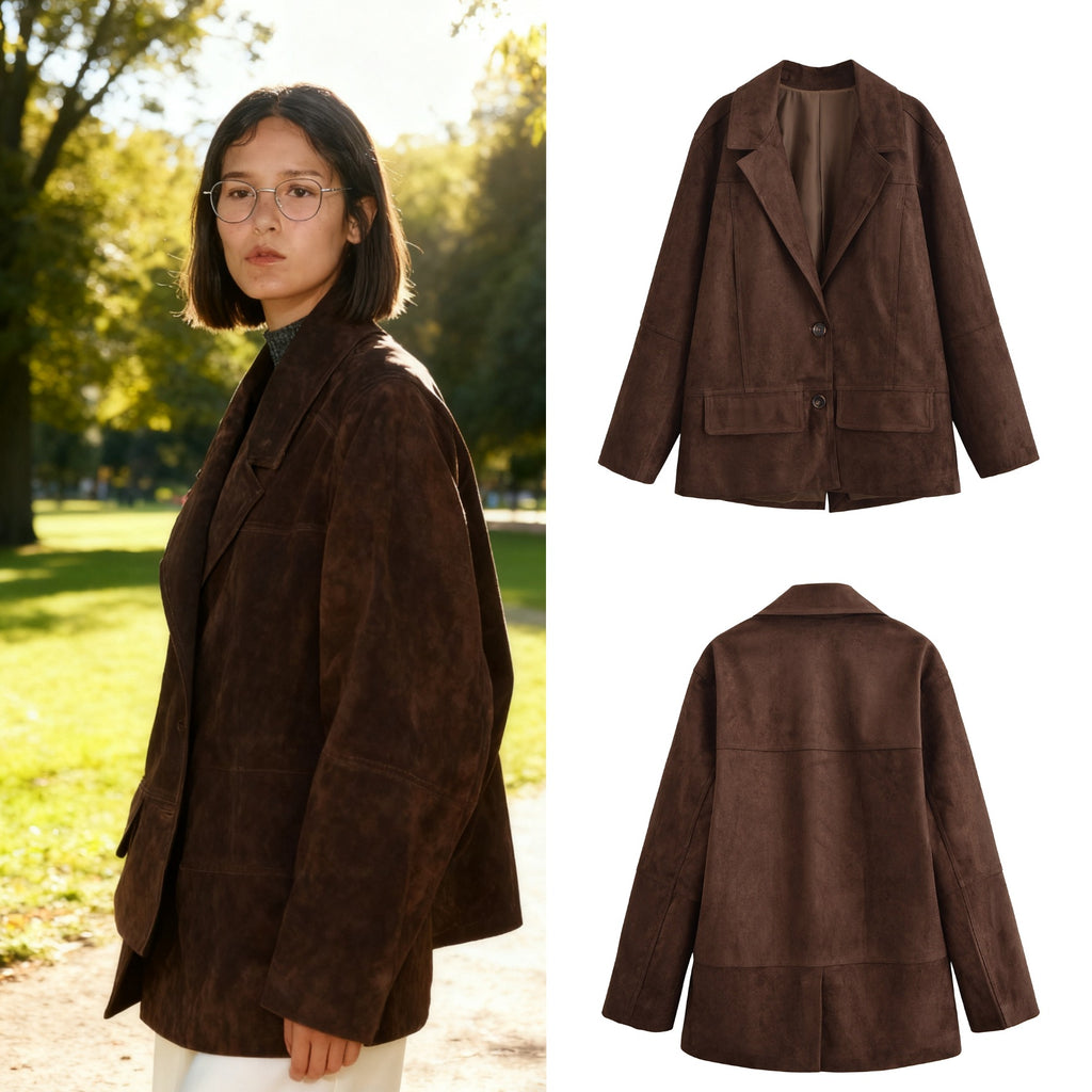 Women's Oversized Suede Look Blazer Jacket with Lapel Collar and Flap Pockets Fashion Glam