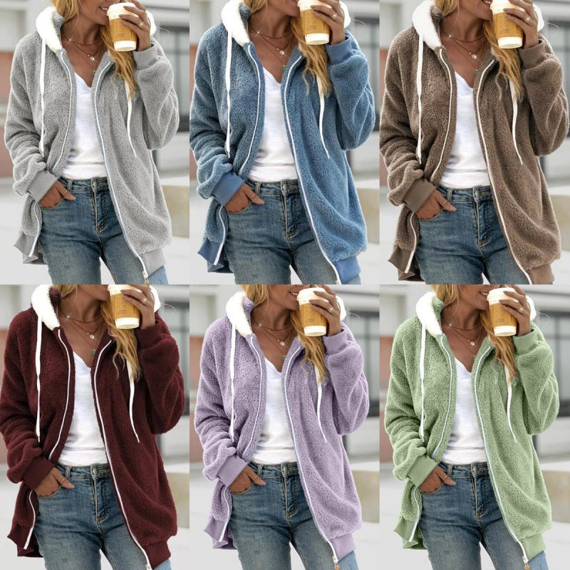 Women's Oversized Sherpa Zip Jacket with Contrast Collar, Ribbed Cuffs, and Drawstring Fashion Glam
