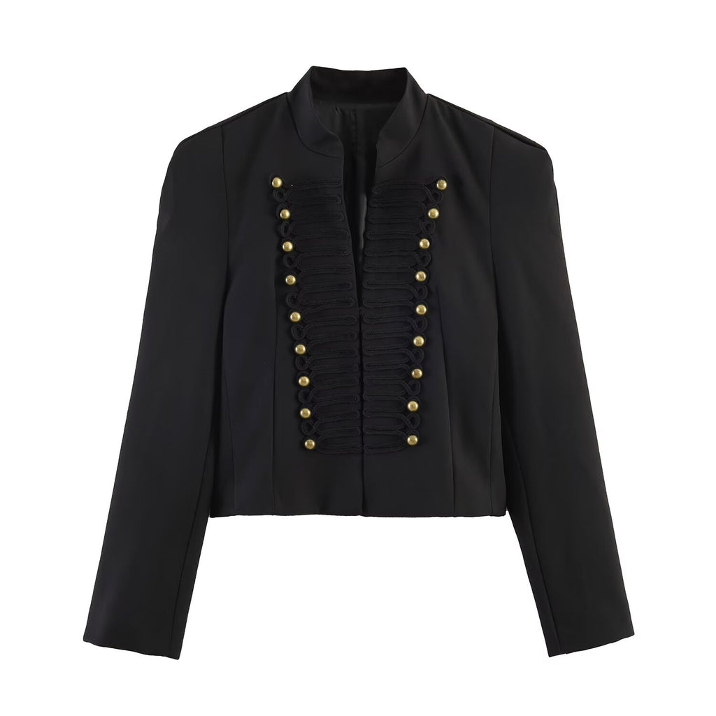 Women's short jacket in military style with stand-up collar and decorative frog detail Fashion Glam