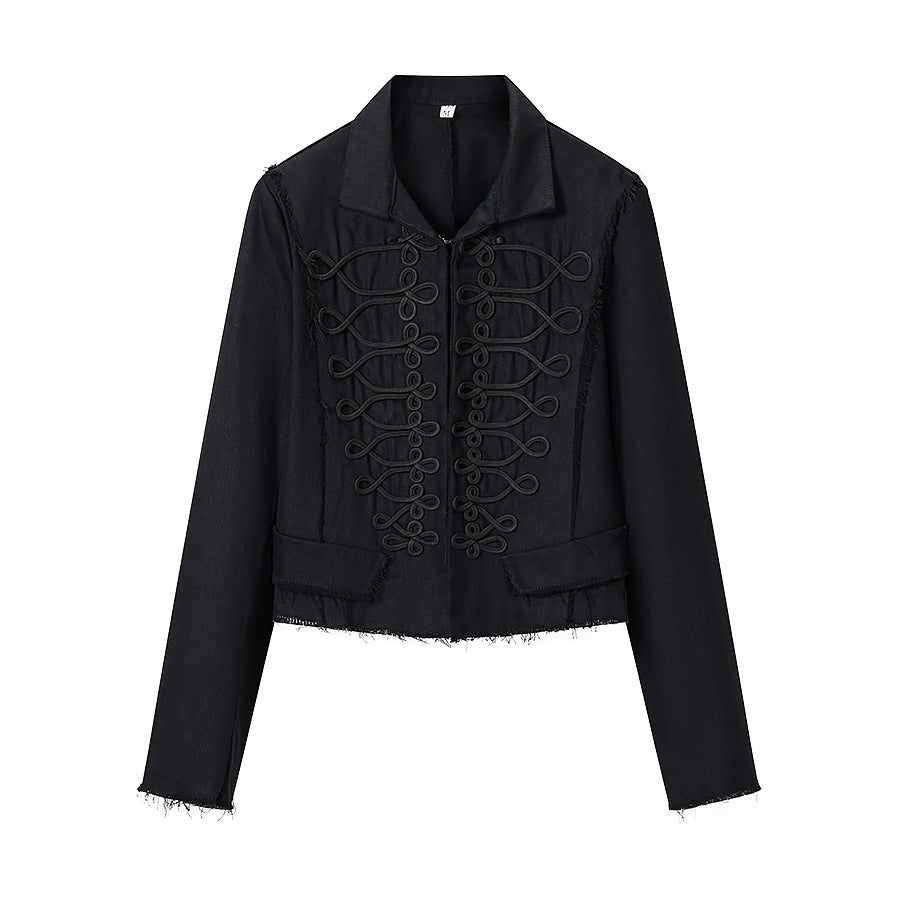 Women's Short Blazer with Decorative Cord Trim and Stand-Up Collar Fashion Glam