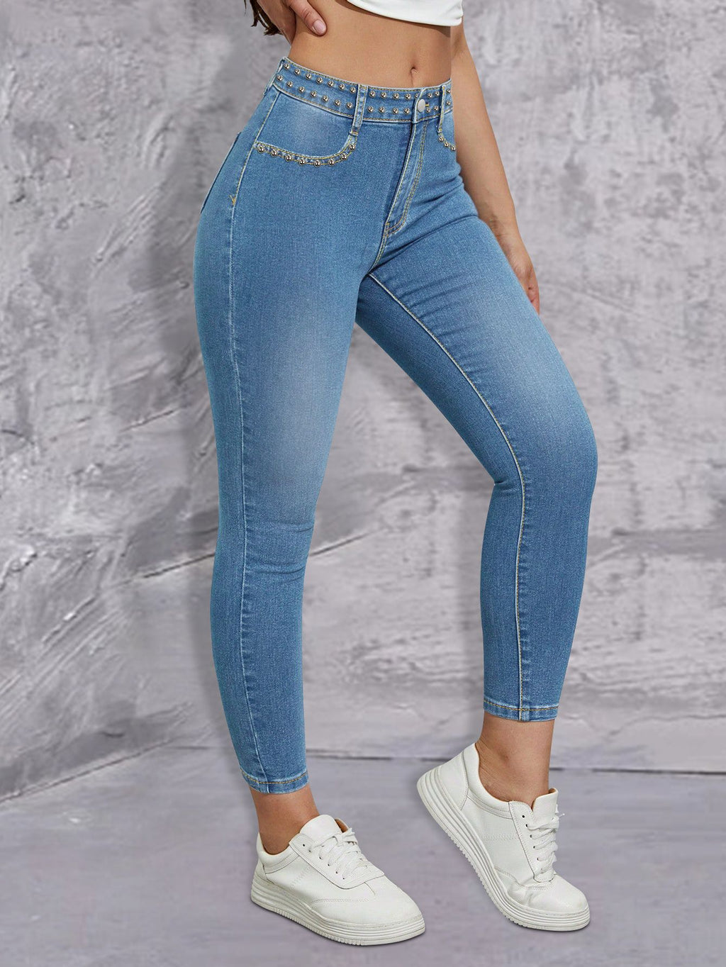 Ladies high-waisted skinny jeans with rhinestone embellishments and ankle-length cut Fashion Glam