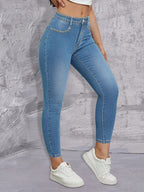 Ladies high-waisted skinny jeans with rhinestone embellishments and ankle-length cut Fashion Glam