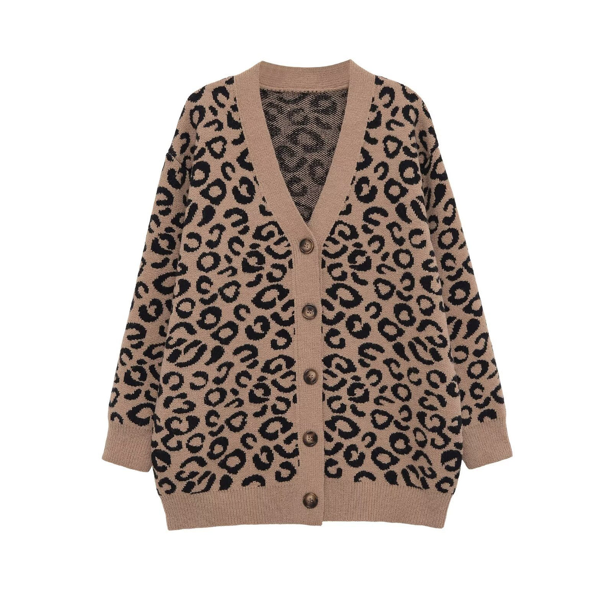 Women's Oversized Knit Cardigan with Leopard Print, V-Neck and Button Placket Fashion Glam