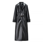 Women Longer Leather Look Trench Coat with Tailoring Tie Belt and Epaulettes Fashion Glam