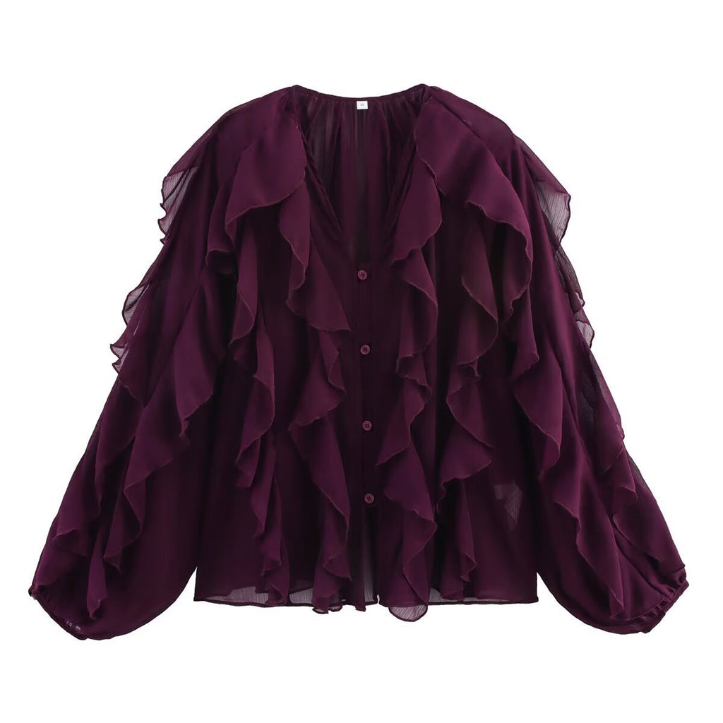 Ladies Playful Chiffon Blouse with Layered Ruffles and Button Placket Fashion Glam