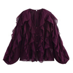Ladies Playful Chiffon Blouse with Layered Ruffles and Button Placket Fashion Glam