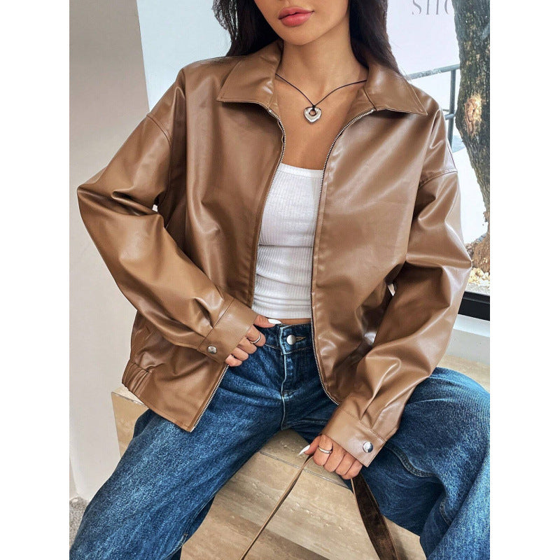 Women Oversized Faux Leather Blouson with Zipper and Shirt Collar Fashion Glam