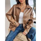 Women Oversized Faux Leather Blouson with Zipper and Shirt Collar Fashion Glam