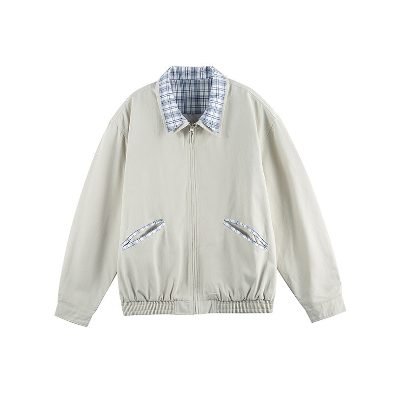 Unisex Lightweight Zip-Over Jacket in Boxy Cut with Check Collar and Elastic Hem Fashion Glam