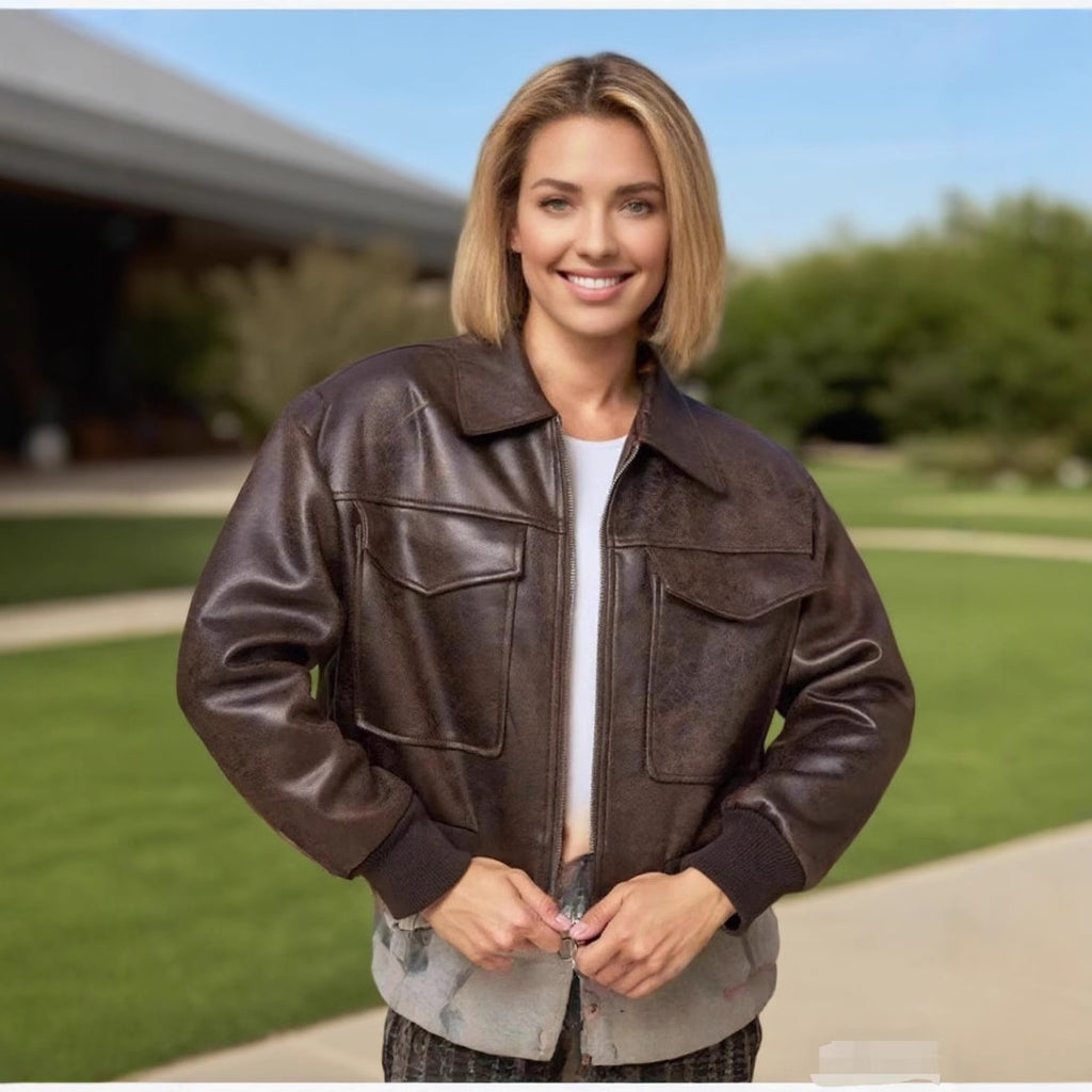 Women Short Cut Bomber Jacket made of Faux Leather with Large Flap Pockets Fashion Glam