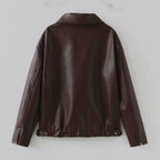 Women Short Oversized Leather Look Jacket with Zipper, Hem Band and Kent Collar Fashion Glam