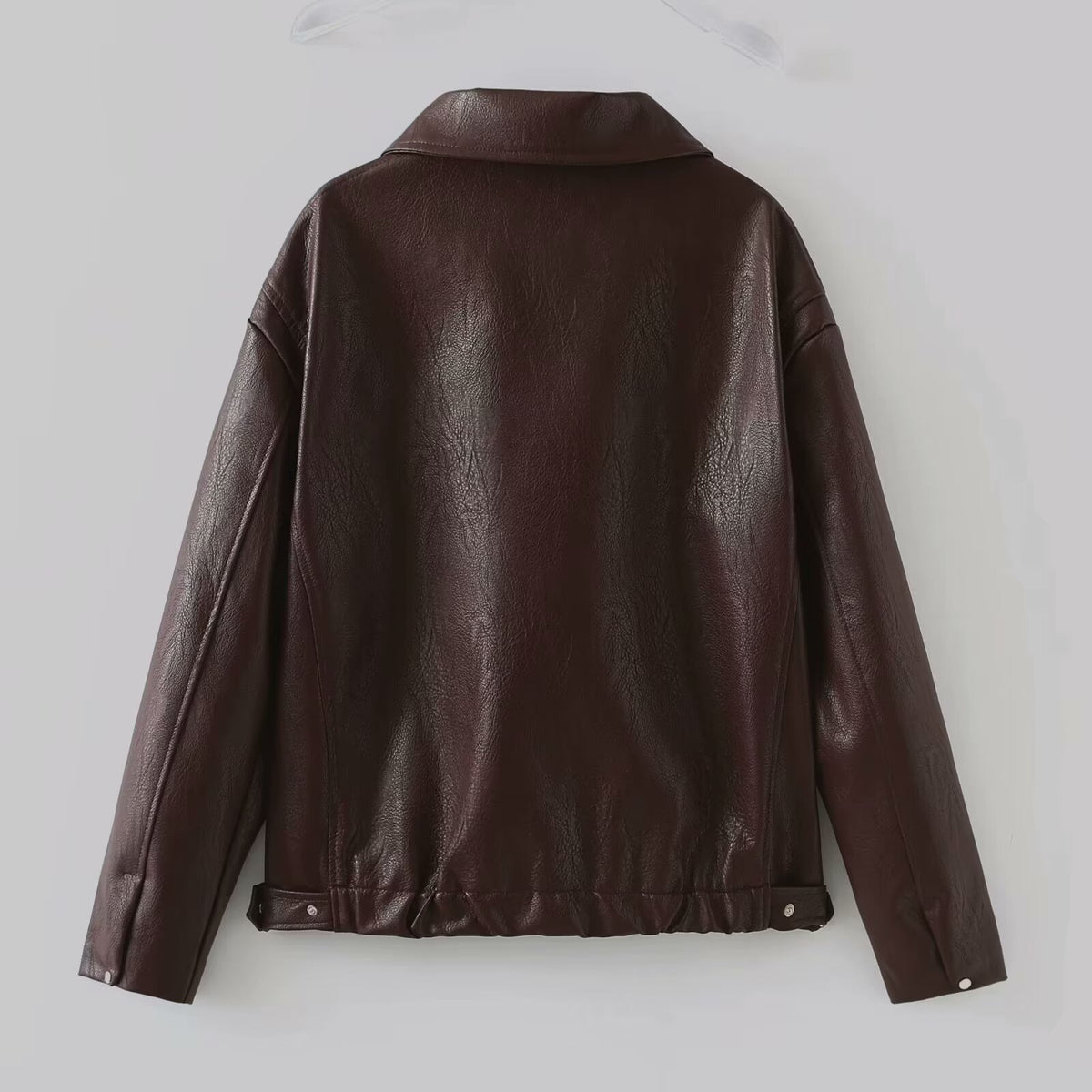 Women Short Oversized Leather Look Jacket with Zipper, Hem Band and Kent Collar Fashion Glam