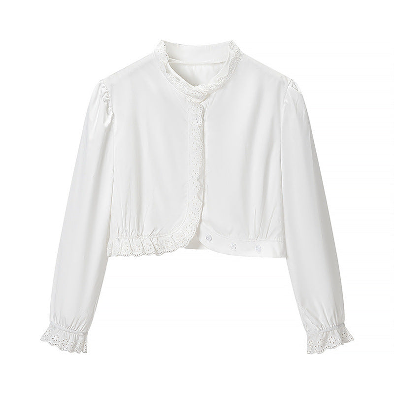 Women's Cropped Lace Bolero Blouse with Stand Collar and Eyelet Embroidery Fashion Glam