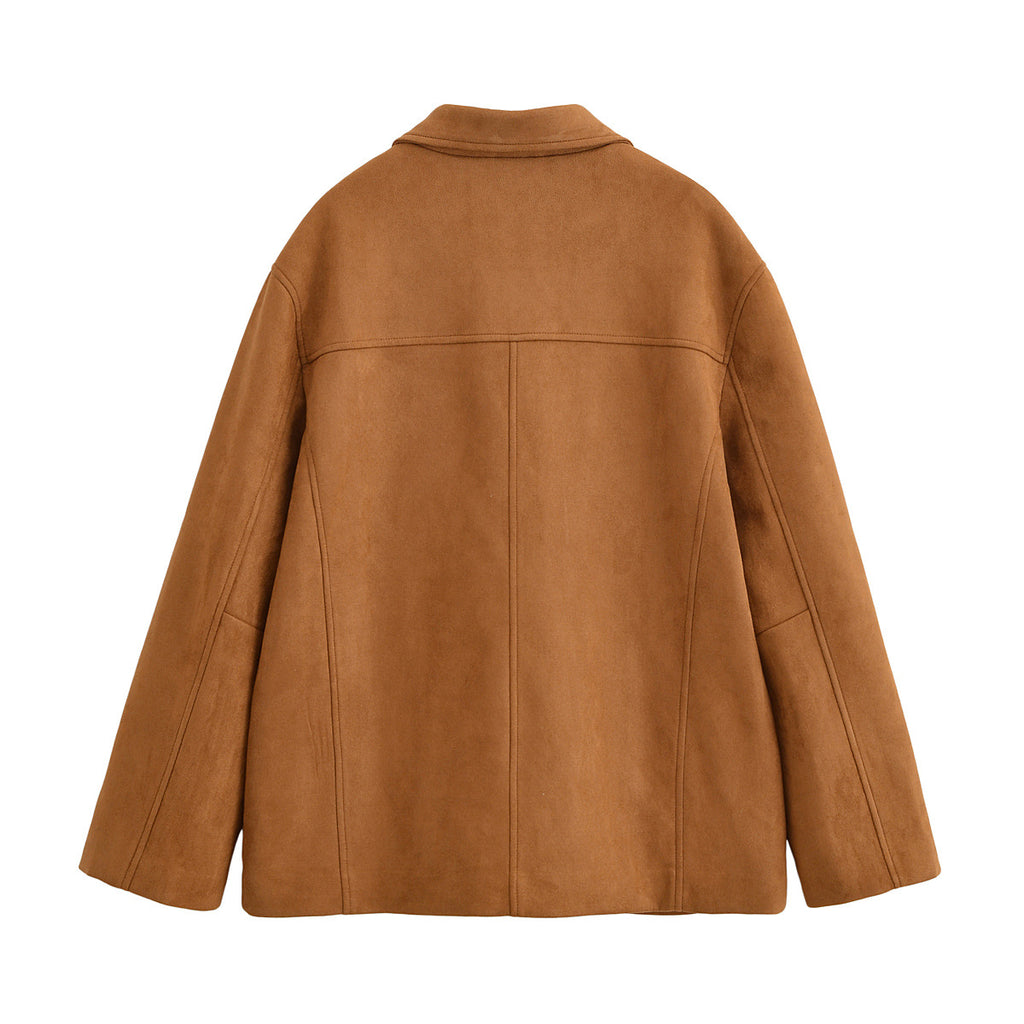 Women's Boxy Utility Jacket in Suede Look with Shirt Collar and Large Patch Pockets Fashion Glam