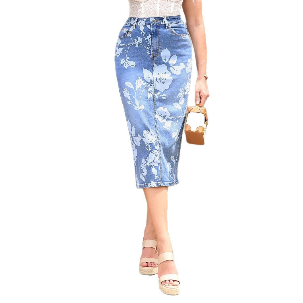 Women's high-waisted floral denim pencil skirt (Midi) Fashion Glam