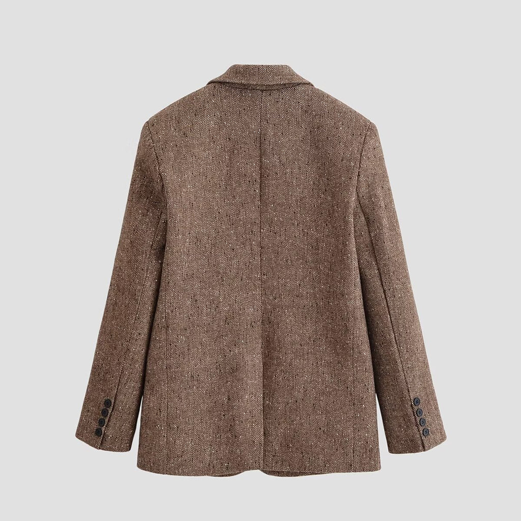 Women's Oversized Tweed Blazer with Herringbone Texture, Flap Pockets and Classic Lapel Fashion Glam