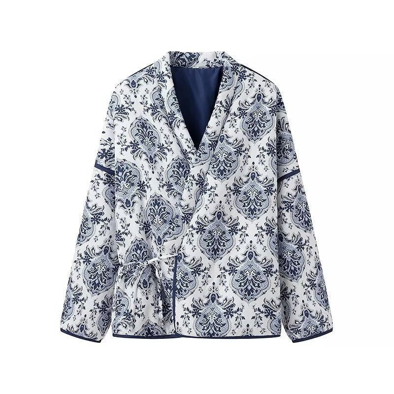 Women's Padded Kimono Jacket with Ornamental Print, Contrasting Trim and Waist Belt Fashion Glam