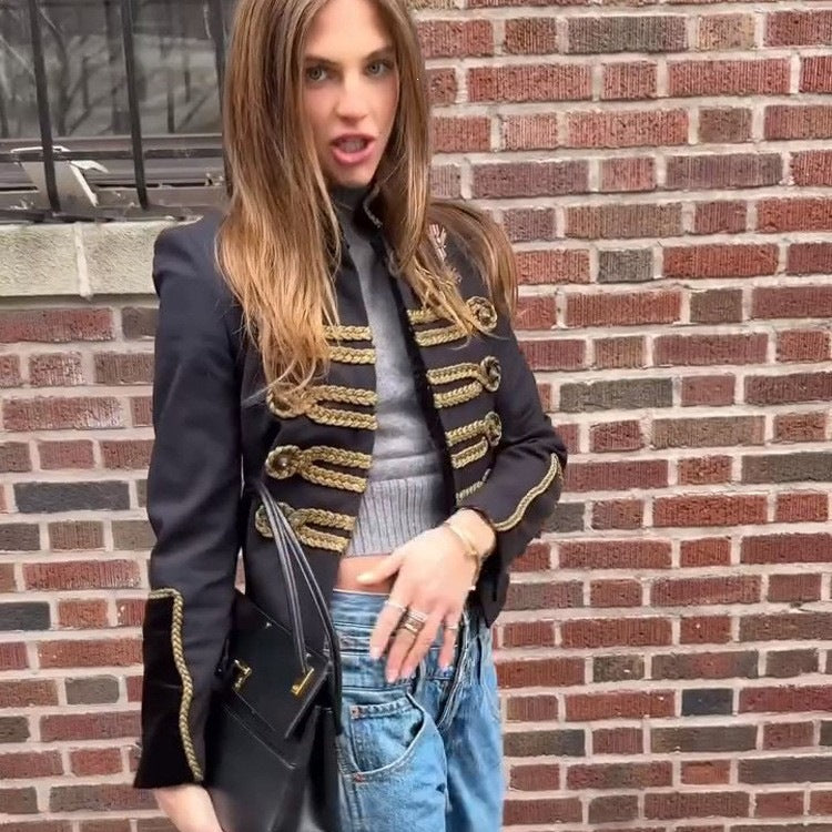 Women's Cropped Parade Military Jacket with Gold Decorative Cord, Stand-Up Collar and Velvet Trim Fashion Glam