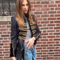 Women's Cropped Parade Military Jacket with Gold Decorative Cord, Stand-Up Collar and Velvet Trim Fashion Glam