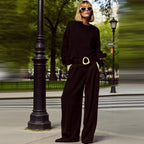 Women's high-waisted culotte pants with wide leg, pleats and statement belt Fashion Glam